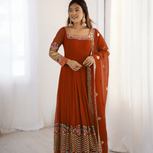 Elegant Embroidered Sequence Designer Anarkali Three Piece Set (Dual Orange)