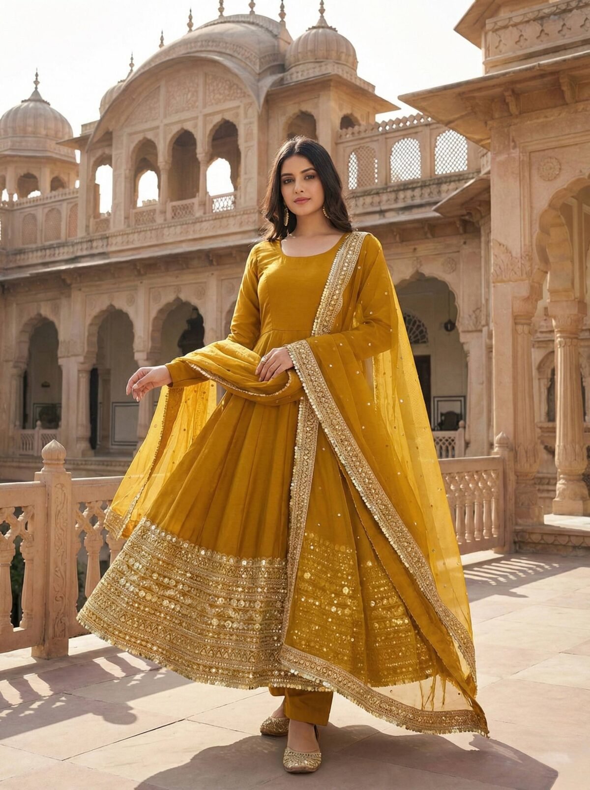 Premium Anarkali Gown Set – Showroom Finished Collection (Mustard) - Image 3