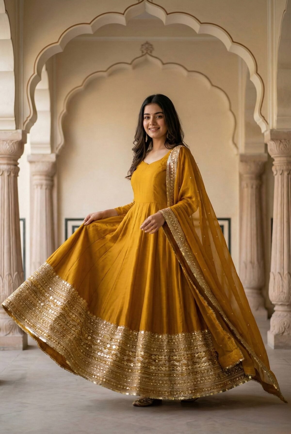 Premium Anarkali Gown Set – Showroom Finished Collection (Mustard) - Image 4
